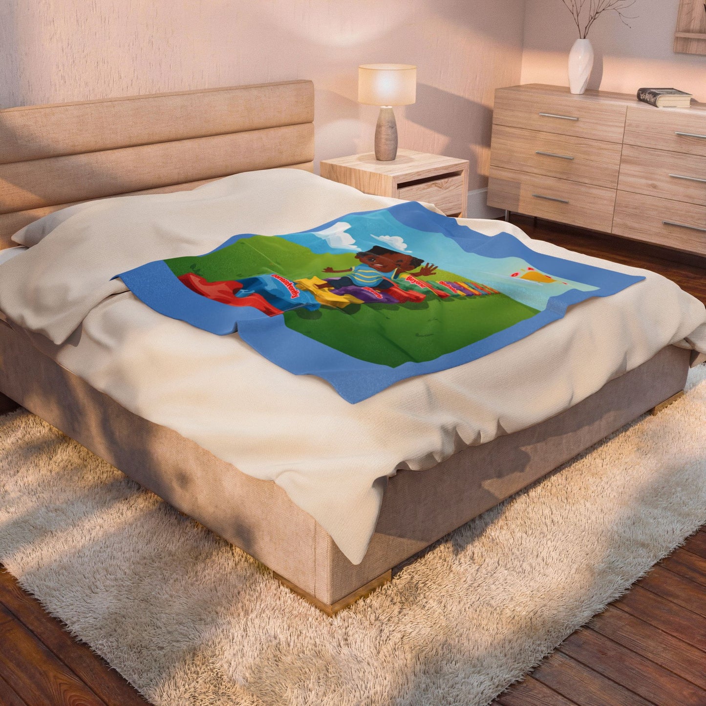 Baby boy C.E.B.O. Velveteen Plush Blanket — Colorful Kids Playset Design with Toy Blocks