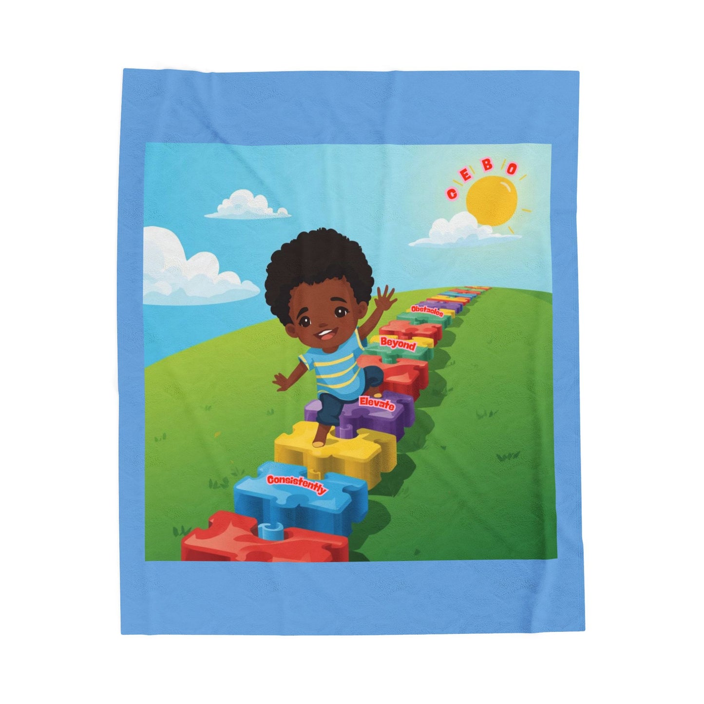 Baby boy C.E.B.O. Velveteen Plush Blanket — Colorful Kids Playset Design with Toy Blocks