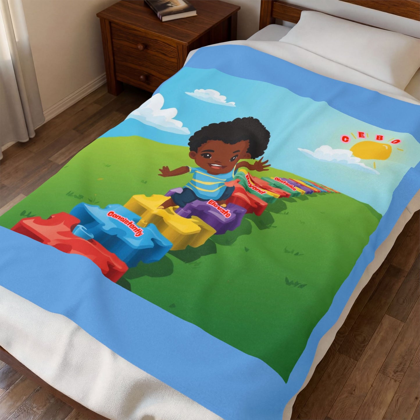 Baby boy C.E.B.O. Velveteen Plush Blanket — Colorful Kids Playset Design with Toy Blocks