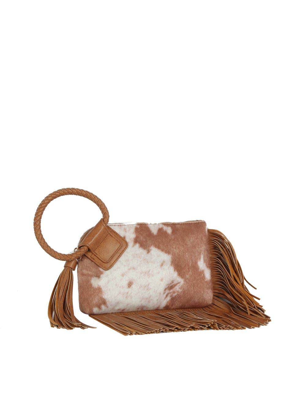 Faux Suede Cow Print Fringe Wristlet Clutch