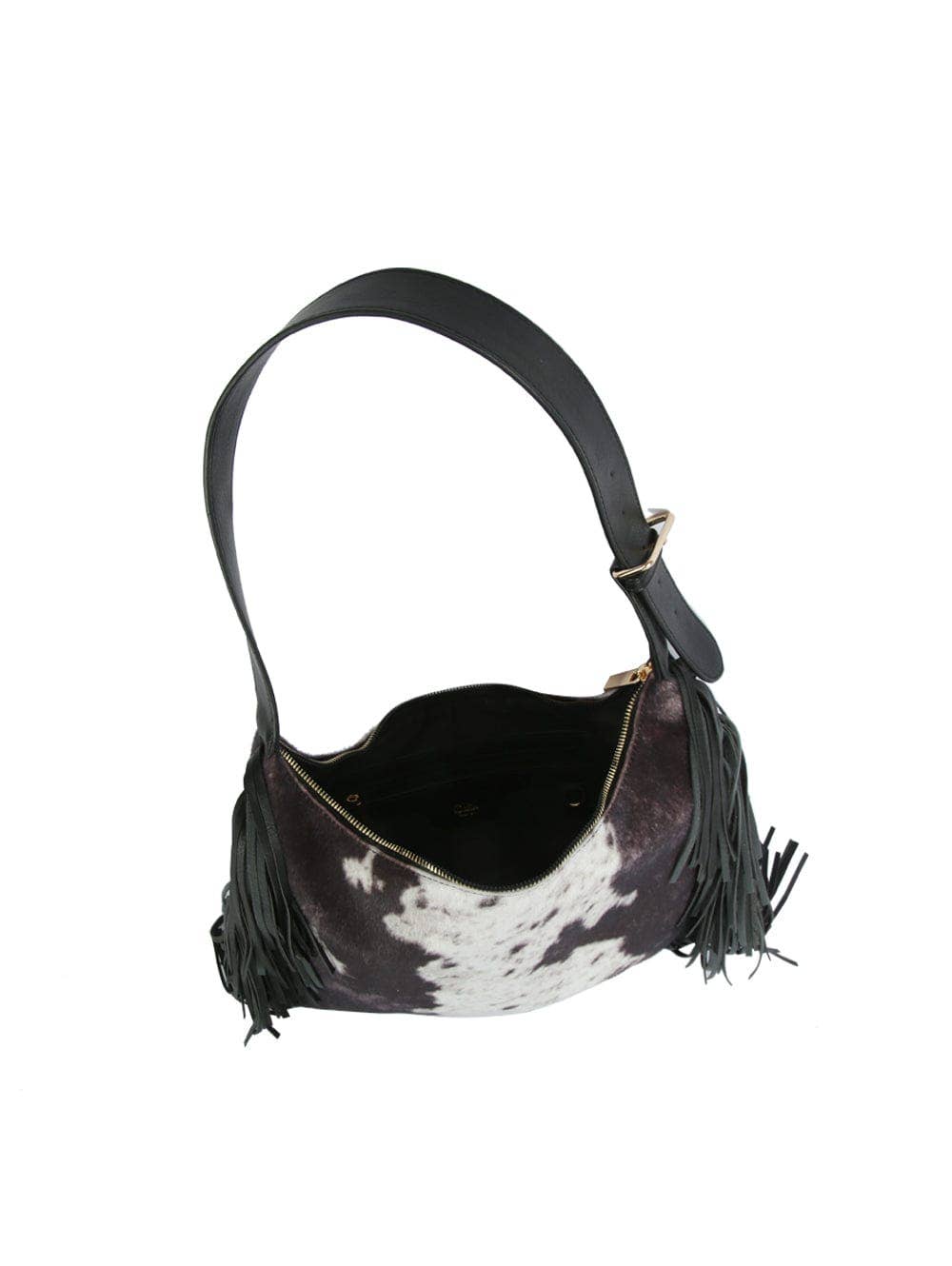 The Paula Faux Suede Cow Print Fringe Hobo Bag