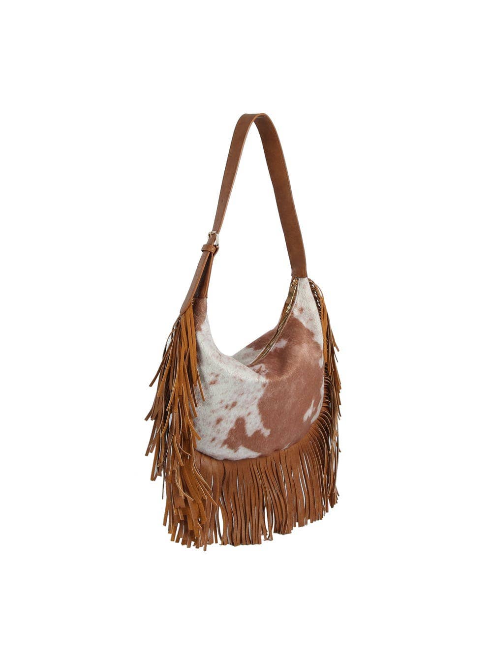 The Paula Faux Suede Cow Print Fringe Hobo Bag