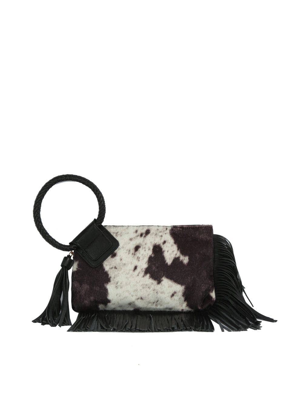 Faux Suede Cow Print Fringe Wristlet Clutch