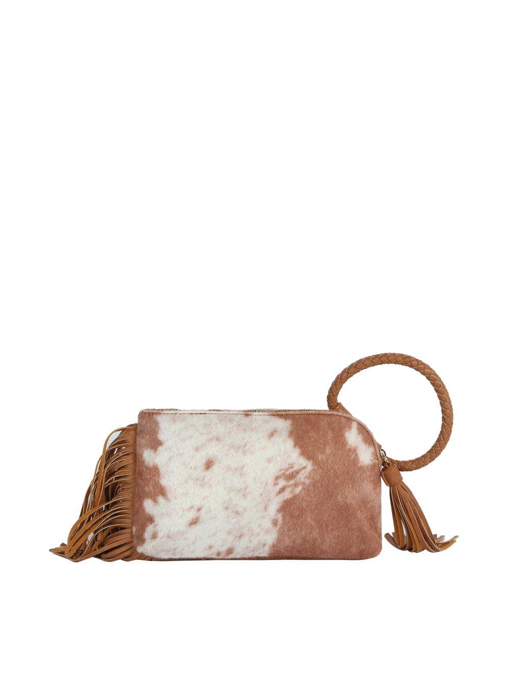 Faux Suede Cow Print Fringe Wristlet Clutch