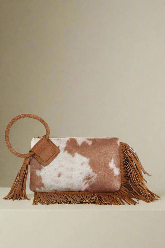 Faux Suede Cow Print Fringe Wristlet Clutch