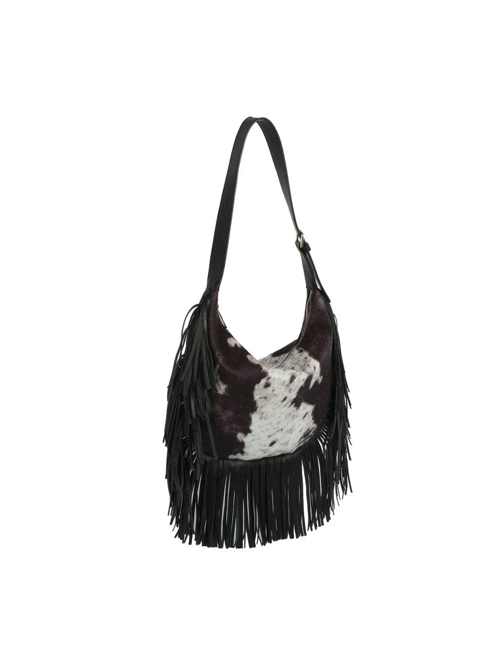 The Paula Faux Suede Cow Print Fringe Hobo Bag