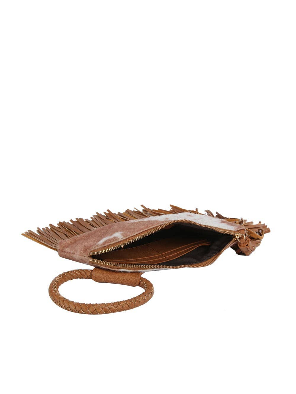 Faux Suede Cow Print Fringe Wristlet Clutch