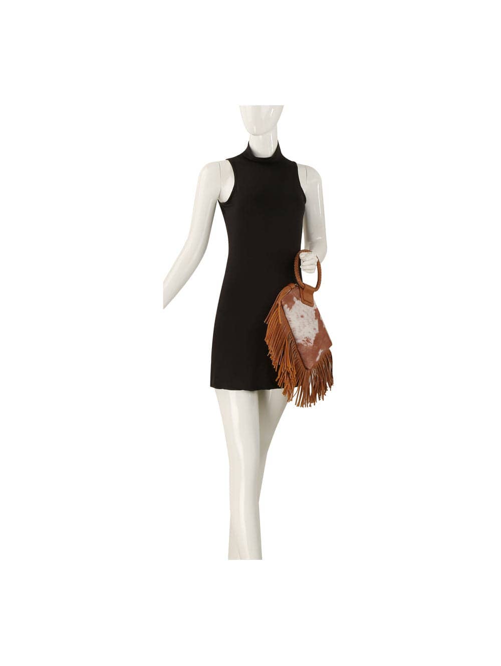 Faux Suede Cow Print Fringe Wristlet Clutch